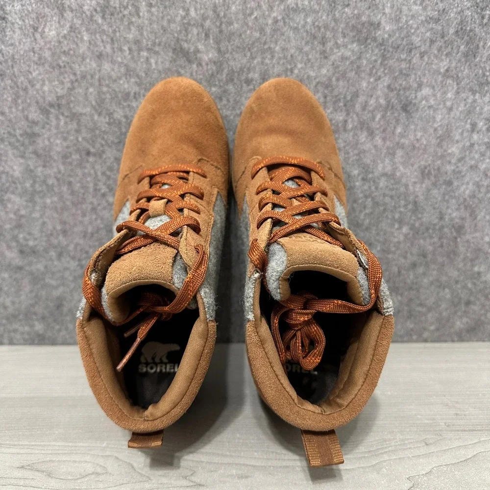 Sorel Evie Ankle Lace Boot Womens 7.5 Brown Grey Suede Felt Wedge NL4926-242‎